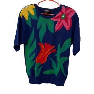 Vintage Haberdashery Royal Blue Floral Shoulder Pad Short Sleeve Knit Sweater